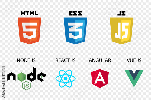 vector collection of web development shield signs: html5, css3, javascript, react js, angular, vue js and node js. photo