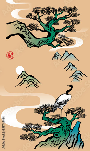 Elegant Chinese ink brush style pine tree drawing. Vector.  The Chinese word stamp means pine tree.