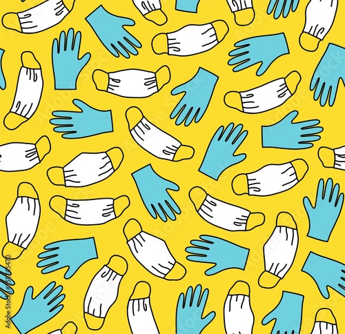 Masks and gloves, virus, protection, seamless pattern, color, yellow. Blue gloves and white medical masks on a yellow background. Illustration. Vector.  