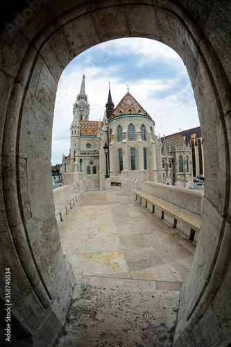 view on the arch of Fisherman's bastion and Mattias church in Budapest, Hungary