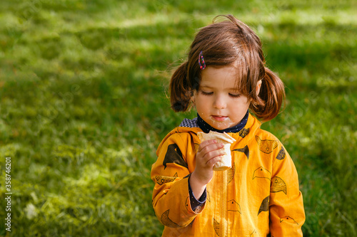 Little girl 3-4 years old eating ice cream in the Park. The child has ice cream in a waffle Cup. Happy girl eats ice cream in autumn. Green grass background.