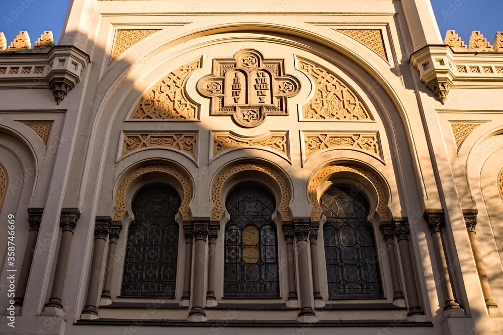 Front view of the Spanish synagogue (Spanelska Synagoga) facade in moorish style with beautiful decorated windows (Prague, Czech Republic, Europe)