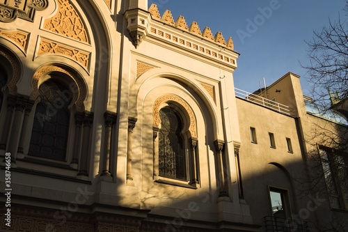 Front view of the Spanish synagogue (Spanelska Synagoga) facade in moorish style with beautiful decorated windows (Prague, Czech Republic, Europe)