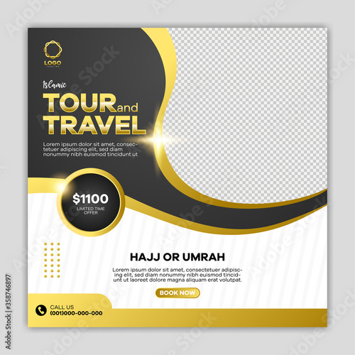 Luxury of islamic tour and travel social media template design. hajj and umrah promotion design in black and gold color.  photo