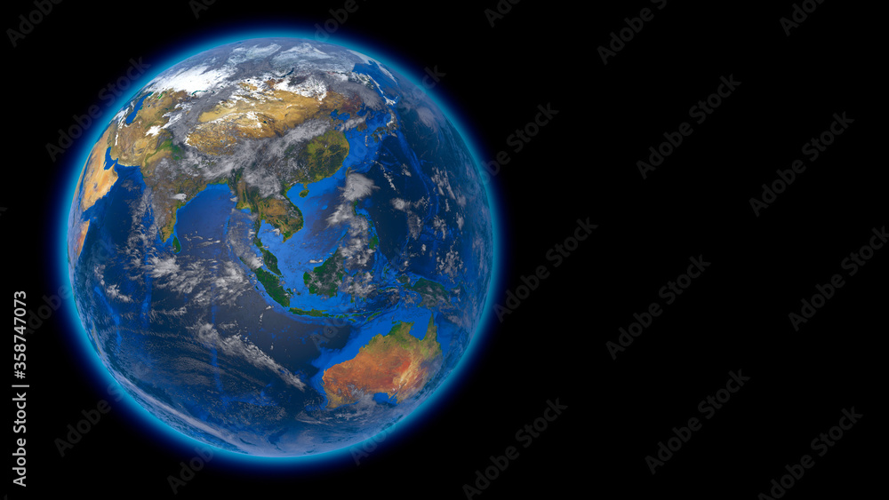 Beautiful planet Earth in space against the black background. Flying over the earth's surface. Europe Asia and Australia. 3d rendering. Elements of this video furnished by NASA.