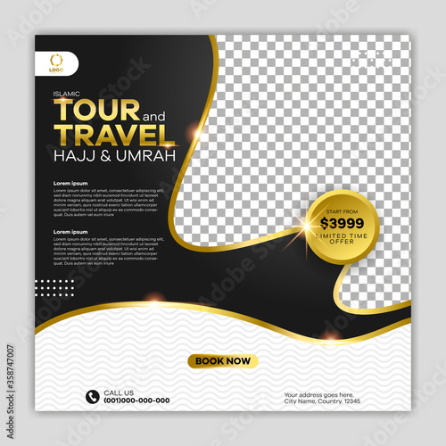 Luxury of islamic tour and travel social media template design. hajj and umrah promotion design in black and gold color.  photo