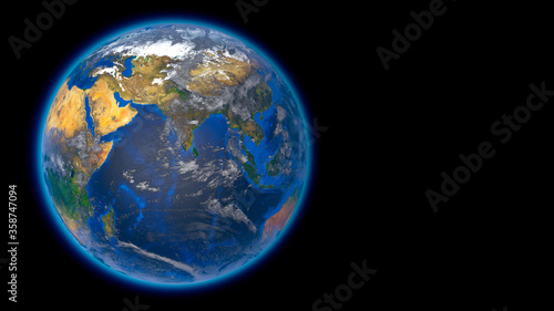 Beautiful planet Earth in space against the black background. Flying over the earth's surface. Europe Asia and Australia. 3d rendering. Elements of this video furnished by NASA.