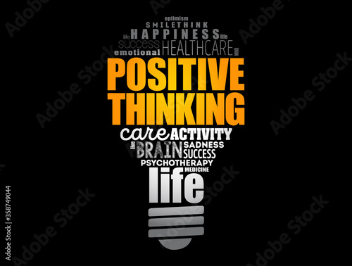 Positive thinking light bulb word cloud collage, health concept background