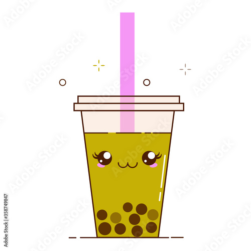 Green bubble milk tea ads with delicious tapioca black pearls. Cute bubble tea kawaii smiled character. Taiwanese famous and popular drink Boba. Cartoon flat vector icon isolated on white background.