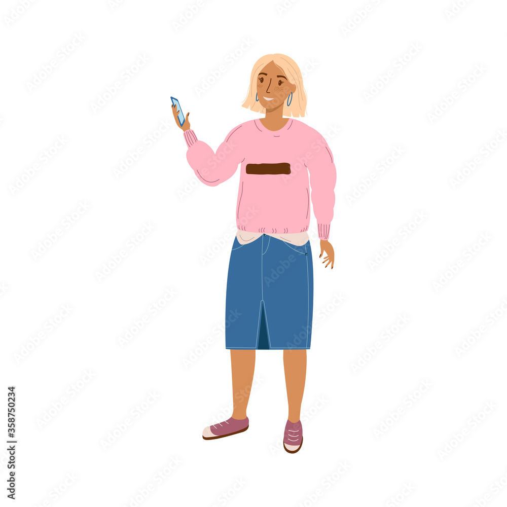 Smiling modern girl with freckles takes a selfie. Young beautiful girl with freckles. Girl or woman with phone. Vector illustration. Smiling modern girl with freckles takes a selfie. Young beautiful girl with freckles. Girl or woman with phone. Vector illustration.