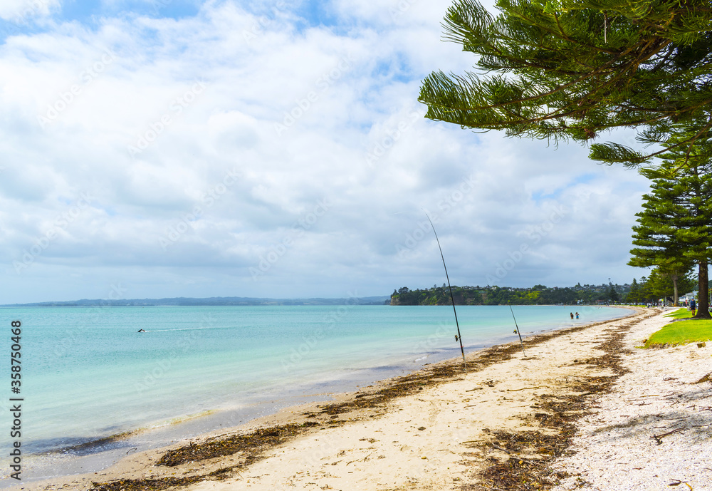 Fishing Spot and Panoramic View of Eastern Beach, Auckland New Zealand during High Tide Time