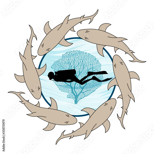 Logo rond pour un club de plongée spécialisé dans les requins.