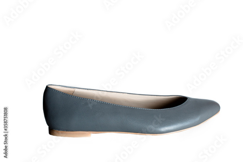 ballet shoes on a white background, black women’s flat shoes, classic, leather mules and loafers, leather substitute