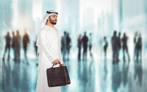 Photography Arabic businessman walking in the office center going to visit meeting conference of business corporation to report about advantages of new creative advertising campaign
