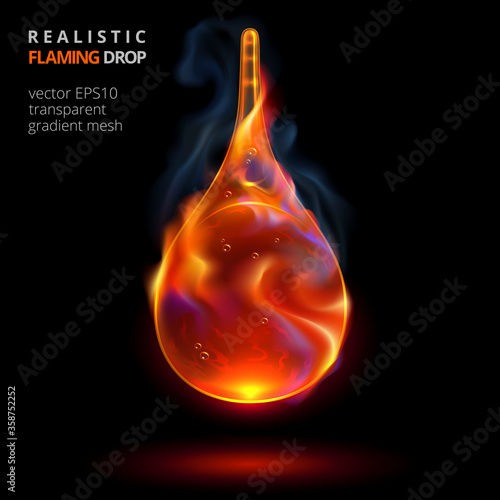 Falling drop of fire on a black background. Vector 3d realistic droplet of any combustible liquid with a flame and smoke. Red hot drip for promo of exciting perfume, powerful fuel and strong drinks.