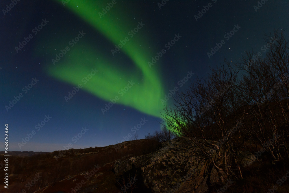 Northern lights over tundra and rocks.