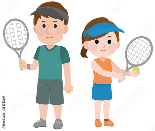 テニスをする　男性　女性　立つポーズ　イラスト © こけ田