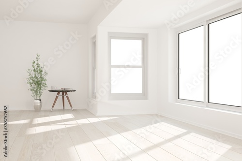 modern empty room with plants and table interior design. 3D illustration