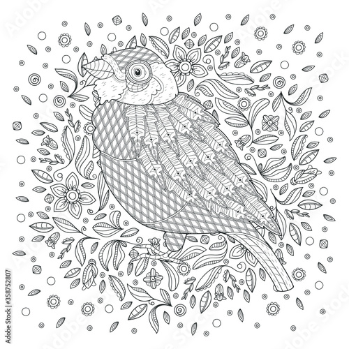 Cartoon stylized bird among the leaves on a white background. Image for coloring pages. Coloring book. Vector illustration