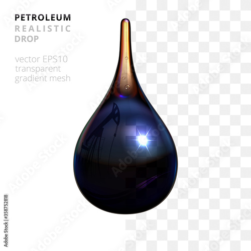 Vector crude oil drop. Realistic 3d droplet of a natural 'black gold'. Petroleum droplet with a curved reflection of a generic oil pump. White and checkered background shows a slight transparency.