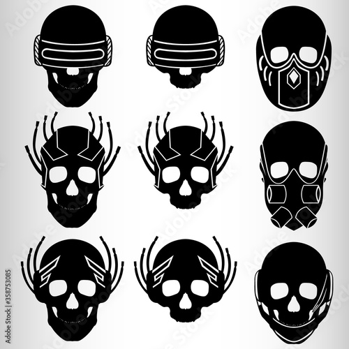 A set of nine skulls in the style of cyberpunk. Set for emblems or tattoos, cyborg skull. Nine emblems in the style of cyberpunk, skulls with implants.