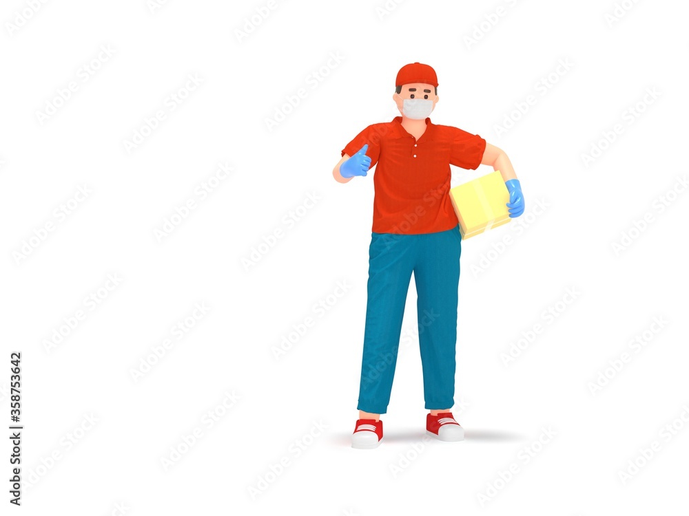 Cartoon 3d delivery man in protection mask, gloves Cartoon 3d delivery man in protection mask, gloves