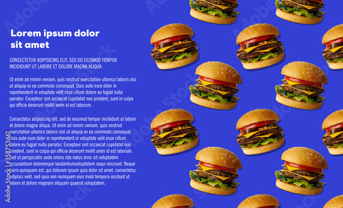 pattern and burgers on a blue background. Place for text