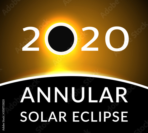 Annular solar eclipse. Poster with a ring solar eclipse inscribed in number 2020. Vector illustration