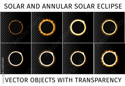 Total and annular solar eclipse. Set of different eclipses on a dark background with with an example of use on a transparent background. Vector illustration