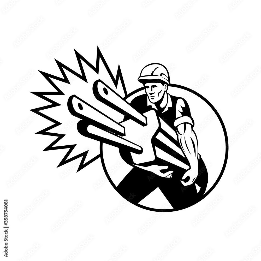 Electrician Carrying Electric Plug Front View Circle Retro Black and White Electrician Carrying Electric Plug Front View Circle Retro Black and White