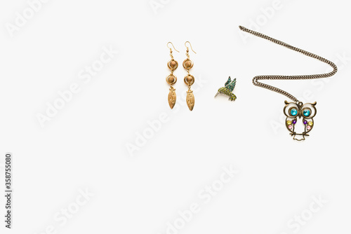 costume jewelry on white background, pendant owl on a white background