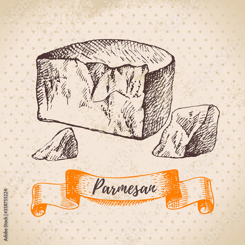 Hand drawn sketch Parmesan cheese background. Vector illustration of natural milk foods