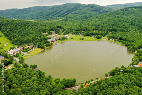 Aerial view of Lake Vinne in the village of Vinne in Slovakia