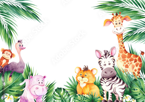 Photography Watercolor frame with cute african cartoon animals.