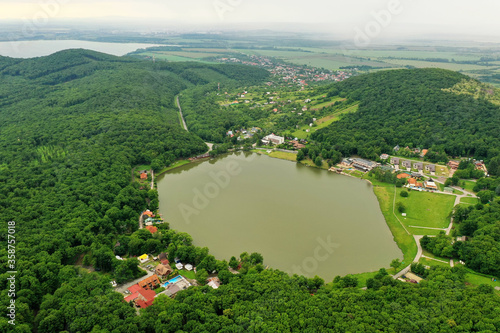 Aerial view of Lake Vinne in the village of Vinne in Slovakia photo