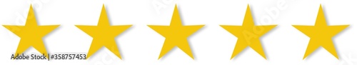 5 gold stars quality rating icon. Five yellow star product quality rating. Golden star vector icons. Stars in modern simple with shadow