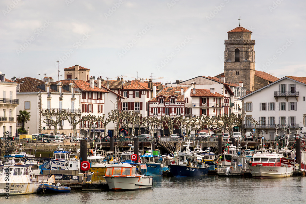 Colorful traditional basque houses in port of Saint-Jean-de-Luz Old Town, France