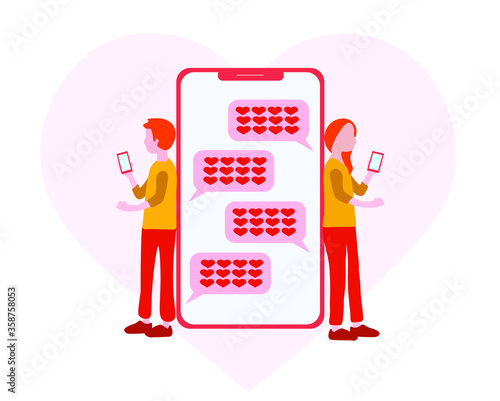 Two people in love, a man and a woman chatting on the background of a large phone and declare love to each other. Vector illustration. Valentine's day concept. Isolated on a white background.