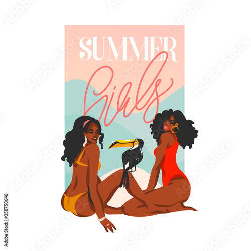 Hand drawn vector abstract stock flat graphic illustration with young happy black afro american beauty women in swimsuit on sundown view scene sitting on the beach isolated on white background