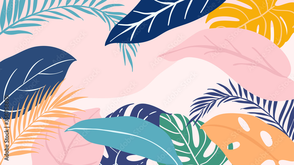 Abstract background vector with tropical leaves  and floral line arts. Creative pattern with hand drawn shapes. Design background for social media post, cover, print and wallpaper - obrazy, fototapety, plakaty 