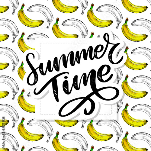Summer time slogan Vector RGB seamless banana pattern. Background is on a separate layer  so you can easily change its color