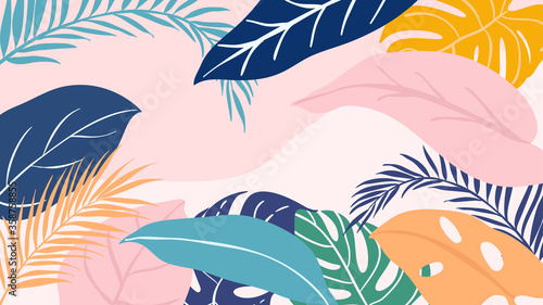 Abstract background vector with tropical leaves  and floral line arts. Creative pattern with hand drawn shapes. Design background for social media post, cover, print and wallpaper