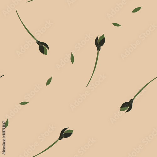 Seamless pattern with abstract flowers, grey-brown buds and brown petals on a beige background.