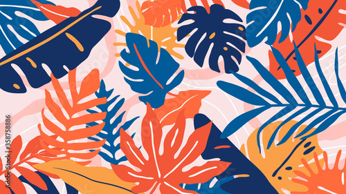 Abstract background vector with tropical leaves  and floral line arts. Creative pattern with hand drawn shapes. Design background for social media post, cover, print and wallpaper