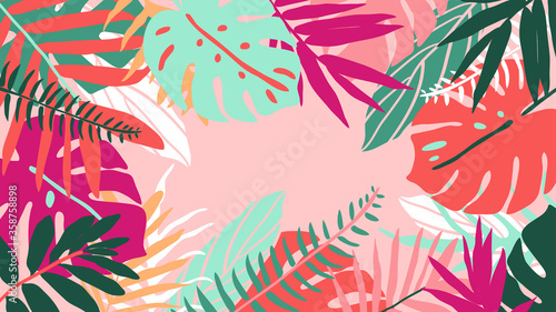 Abstract background vector with tropical leaves  and floral line arts. Creative pattern with hand drawn shapes. Design background for social media post, cover, print and wallpaper