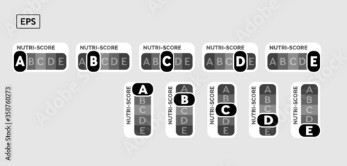 Nutriscore vertical and horizontal stickers set. Vector Nutri-Score system sign. Health care symbol logo for packaging design