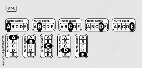 Nutriscore vertical and horizontal stickers set. Vector Nutri-Score system sign. Health care symbol logo for packaging design