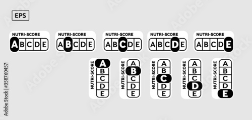 Nutriscore vertical and horizontal stickers set. Vector Nutri-Score system sign. Health care symbol logo for packaging design photo