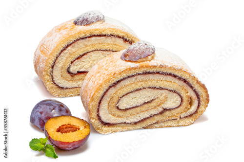 Cakerool filled with vanillacream an plum jam isolated photo