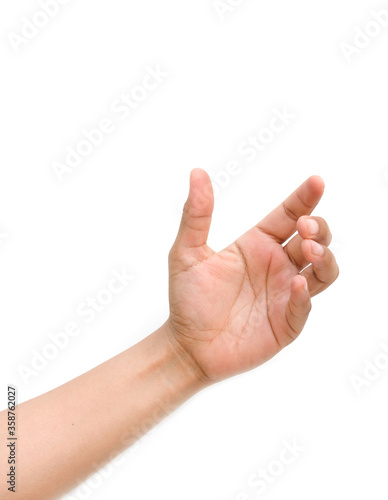  a hand holding something like a bottle or smartphone on white backgrounds, isolated